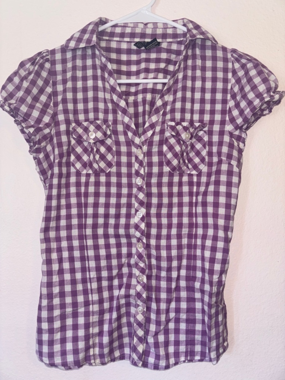 Woman’s Purple Gingham Puff Sleeve Blouse, Button Down, Size M